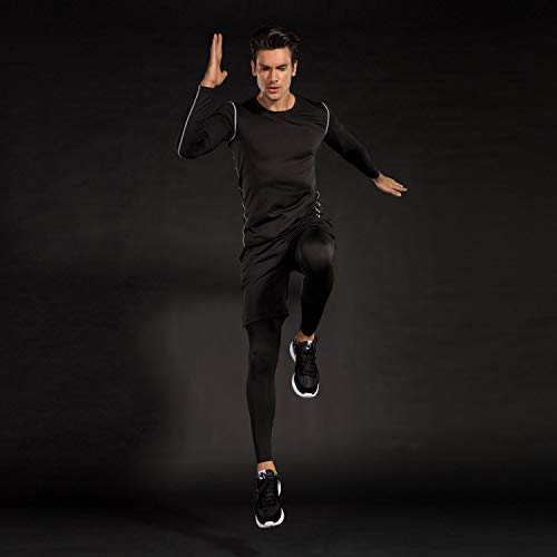 Niksa 3 Pack Gym Clothes for Men,Running Clothes Sports Wear Set,Base Layers Tops+Zip Pocket Draw String Loose Fitting Shorts+Compression Leggings for Workout (M)