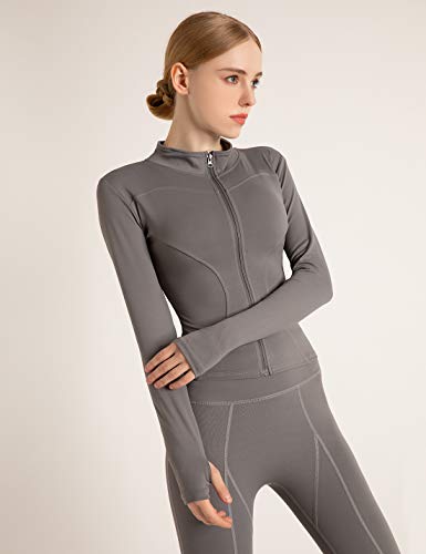 Locachy Women's Lightweight Stretchy Workout Full Zip Running Track Jacket with Thumb Holes - grey - Medium