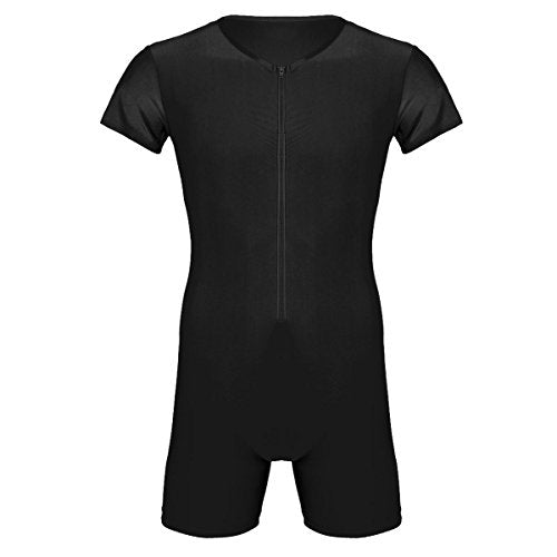 iiniim Mens One Piece Short Sleeve Front Zipper Boxer Shorts Leotard Bodysuit Catsuit Black XL