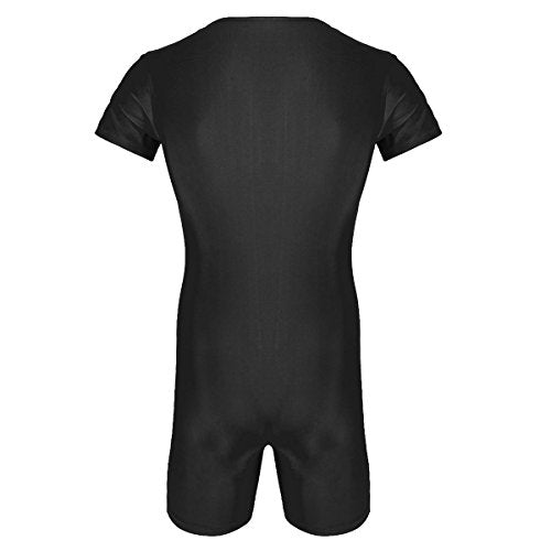 iiniim Mens One Piece Short Sleeve Front Zipper Boxer Shorts Leotard Bodysuit Catsuit Black XL