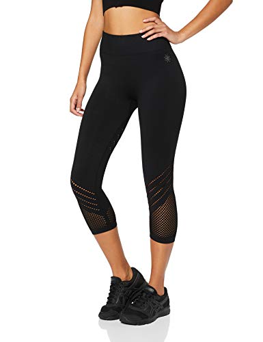 Amazon Brand - AURIQUE Women's Seamless Cropped Sports Leggings, Black (Black), 14, Label:L