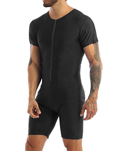 iiniim Mens One Piece Short Sleeve Front Zipper Boxer Shorts Leotard Bodysuit Catsuit Black XL
