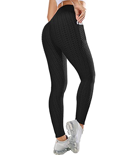 FitValen Women's Honeycomb Scrunch Butt Leggings with Pockets Ruched Bum Anti Cellulite Yoga Pants Textured Compression Sexy TIK Tok Running Tights for Workout Fitness Daily Leisure （Black,S