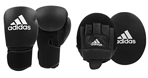 adidas Boxing Gloves and Focus Mitts Set Adult Men Women Kids Fitness Training Workout Gym Pads 10oz 6oz, Black