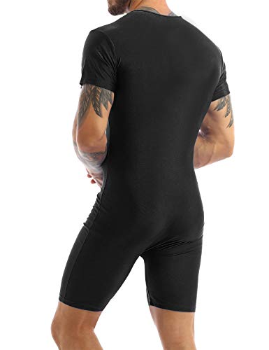 iiniim Mens One Piece Short Sleeve Front Zipper Boxer Shorts Leotard Bodysuit Catsuit Black XL