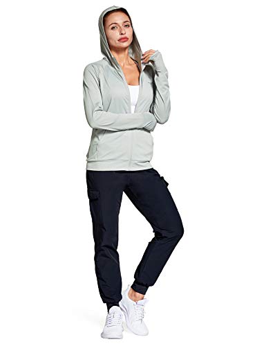 FitsT4 Women's Long Sleeve Running Jacket Sports Shirts hooded Yoga Fitness Top UPF 50+ Sun Protection Full Zip UP Pullover,grey,XXL