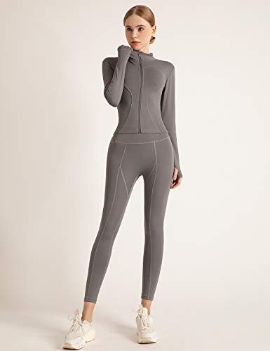 Locachy Women's Lightweight Stretchy Workout Full Zip Running Track Jacket with Thumb Holes - grey - Medium