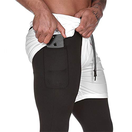 Fansu Men's Sport Shorts with Built-in Pocket, Tight Long Liner 2 in 1 Summer Quick Dry Breathable Lightweight Shorts Jogging Cycling Training Running Gym Pants (M,White)