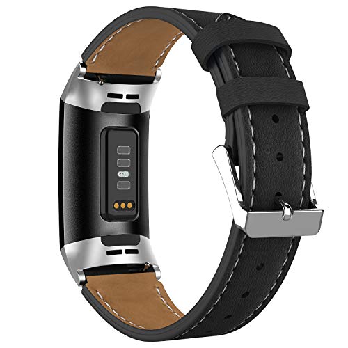 Adepoy Compatible for Fitbit Charge 3/Charge 4 Strap Leather,Classic Genuine Leather Adjustable Replacement Sport Fitness Wristband for Men Women (black)