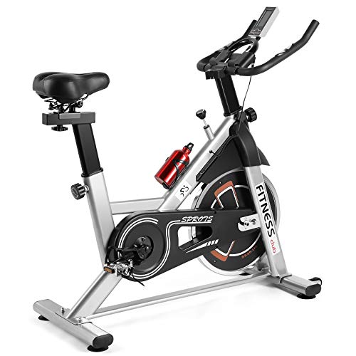 Indoor Exercise Bike Cardio Workout W/Belt Driven Flywheel Cycling Adjustable Handlebars Seat Resistance Digital Monitor Heart Rate Sensors W/Phone Holder Bottle Silver