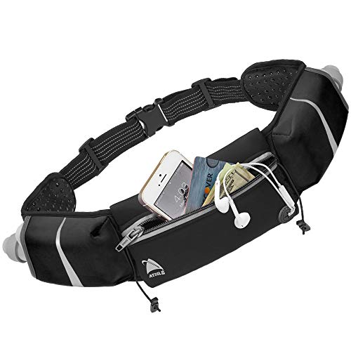 Athle Running Belt - 2 10oz Water Bottles, Large Fanny Pack Pocket Fits All Phones and Wallet, Bib Holders, Adjustable One Size Fits All Waist Band, Key Clip, 360° Reflective - Black Speed Sash