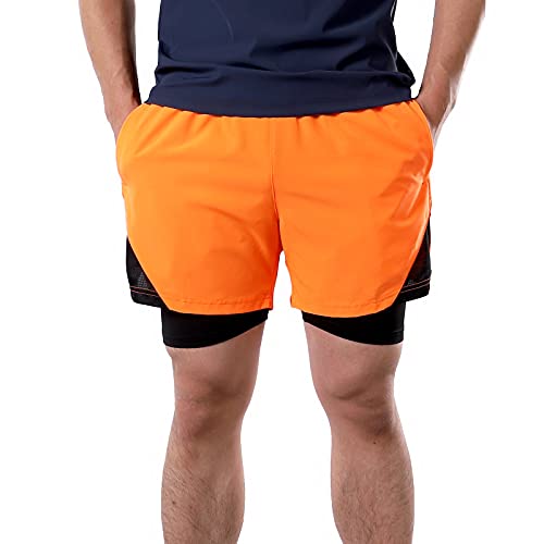 Pateacd 2 in 1 Running Shorts Men with Phone Pocket, Zip Pockets and Compression Liner Quick Dry Breathable Gym Shorts Mens,Orange,S