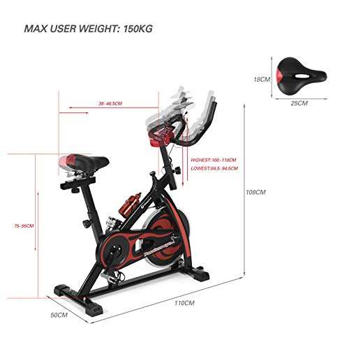 Fitnessclub Indoor Exercise Bike Cardio Workout W/Belt Driven Flywheel Cycling Adjustable Handlebars Seat Resistance Digital Monitor Heart Rate Sensors W/Phone Holder Bottle Red