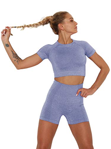 Famulily Gym Set Women Shorts Sleeve Layer Crew Neck Power Stretch Gym Yoga Crop Top with Thumbholes Blue M