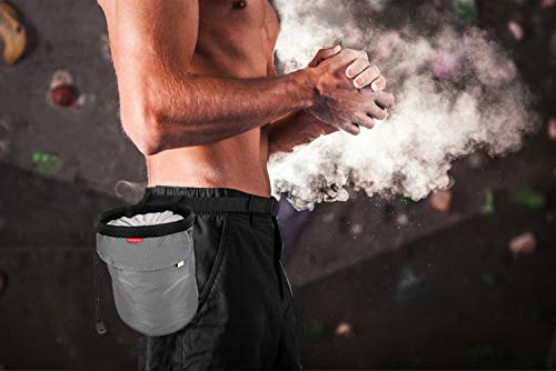 MoKo Chalk Bag, Drawstring Rock Climbing Chalk Bag Bouldering Chalk Bag Bucket with Adjustable Belt & Zippered Pockets and Carabiner for Rock Climbing Weight Lifting Gymnastics Crossfit - Gray