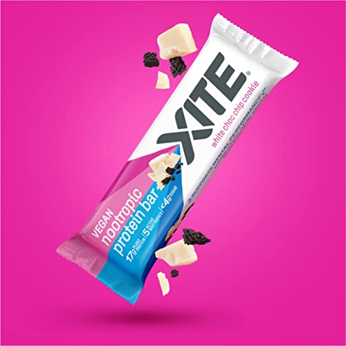 XITE Protein Bars - Vegan Nootropic Healthy Snacks for Adults - Lions Mane, Zinc, Choline & Bacopa Monnieri for Energy, Recovery & Brain Focus - Gluten Free White Chocolate Chip Cookie, Pack of 12