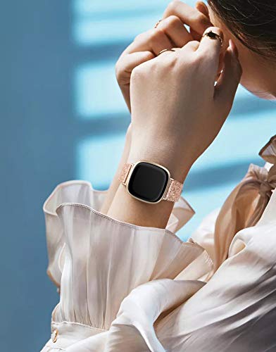 EDIMENS Leather Straps Compatible for Fitbit Versa 3 / Fitbit Sense Strap for Women Men, Genuine Leather Strap Compatible with Fitbit Versa 3 / Sense Replacement Wrist Bands, Glitter Rose Gold