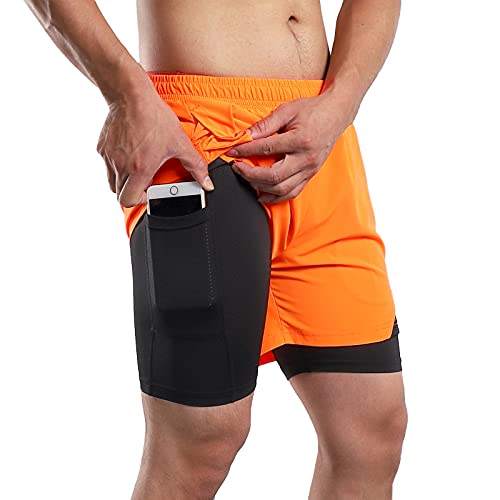 Pateacd 2 in 1 Running Shorts Men with Phone Pocket, Zip Pockets and Compression Liner Quick Dry Breathable Gym Shorts Mens,Orange,S