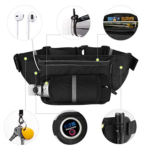 MYCARBON Running Belt with Water Bottle Holder Waterproof Bum Bag Cycling Waist Bag Jogging Belt Dog Walking Bag for Travel Holidays Camping Climbing Hiking Outdoor (Black)