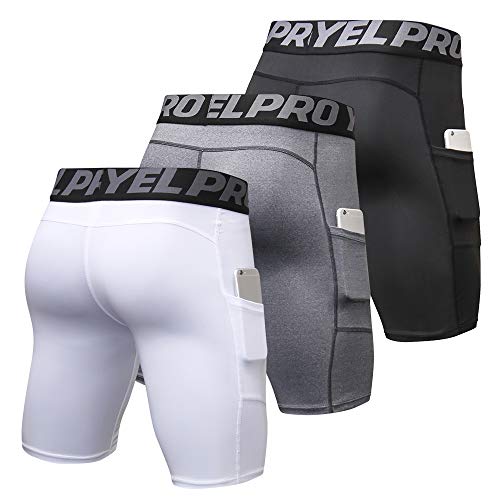 Lixada Men's 3 Pack Performance Compression Shorts Active Workout Underwear Base Layer Tights Short Leggings (Black&Grey&White(With Pockets), L)