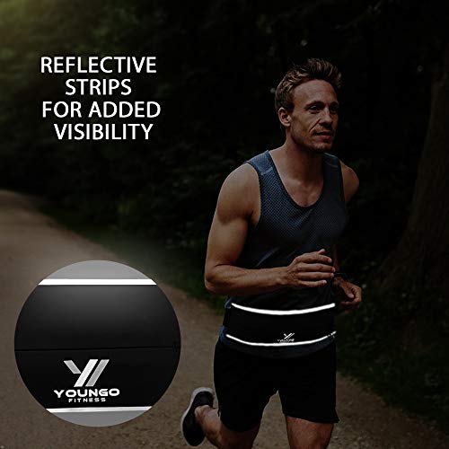 YOUNGO Running Belt for Women and Men – Mobile Phone Running Holder Waist Pack with Reflective Strips– Adjustable, Lightweight Flip Waist Belt with Key Clip - Double Opening Bum Bag