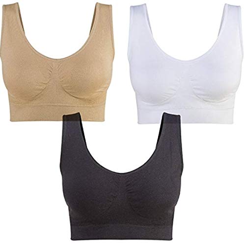 Boobbandit 3-Pack Seamless Sports Bra Wirefree Yoga Bra with Removable Pads for Women (Black, White, Nude, 14-16)