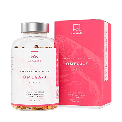 AAVALABS Omega 3 Fish Oil 2000mg per Daily dose (2 softgels) - 1000mg EPA + 500 mg DHA per dose - High Strength Omega 3 Fatty Acids Supplements - Molecularly Distilled - 120 Capsules - 60 Days Supply - Gym Store