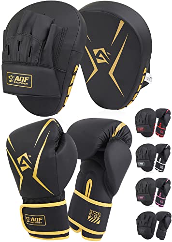 AQF Boxing Gloves and Pads - Adults & Kids Boxing Set for Kickboxing & MMA Muay Thai Punching Glove with Curved Boxing Pads for Martial Arts Training (Gold, 6oz)