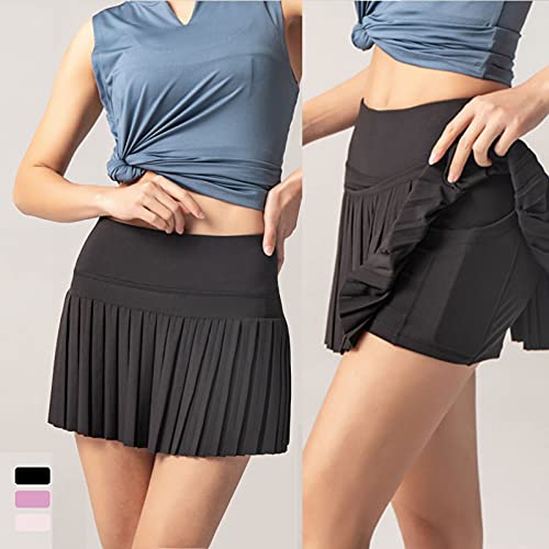 Corlidea Women's Tennis Skirt Sports Skirt 2 in 1 Sports Skirt Running Golf Hockey Skirt Fitness Yoga Skort Pleated Trouser Skirt Running Skirt Stretchy Quick Drying - Black - 10