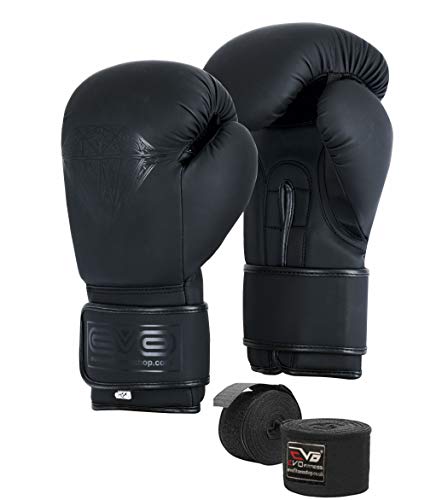EVO Maya Hide Leather Pro GEL Boxing Gloves For MMA Punch Bag Sparring Muay Thai KickBoxing Fighting Training Glove with FREE Boxing Hand Wraps (Black Diamond Matt, 16 OZ)