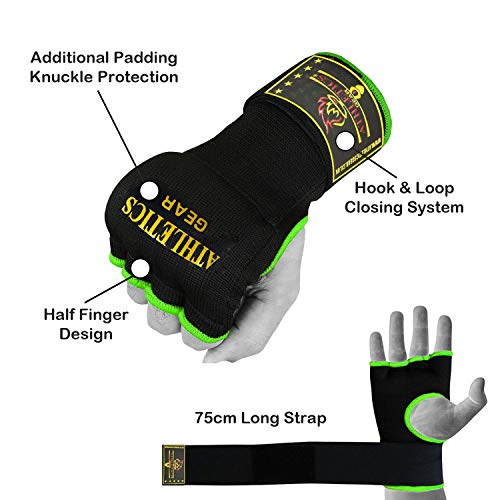 Pro Training Boxing Hand Wraps Inner Gloves by Athletics Gear| Half Finger Elastic Bandages Mitts MMA Punching Fist Protector (Black/Green, Small)
