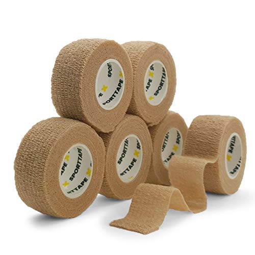 6 Rolls SPORTTAPE Cohesive Compression Bandage - 2.5cm x 4.5m - Beige - Self-Adhesive, Vet Tape, Thumb Tape, Coban Cohesive Wrap, Goalkeeper Finger Tape