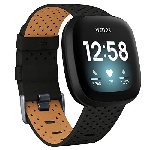 Strap Compatible with Fitbit Versa 3 / Fitbit Sense Strap Leather, Genuine Leather Replacement bands Compatible with Versa 3, Women Man (Small, Black)