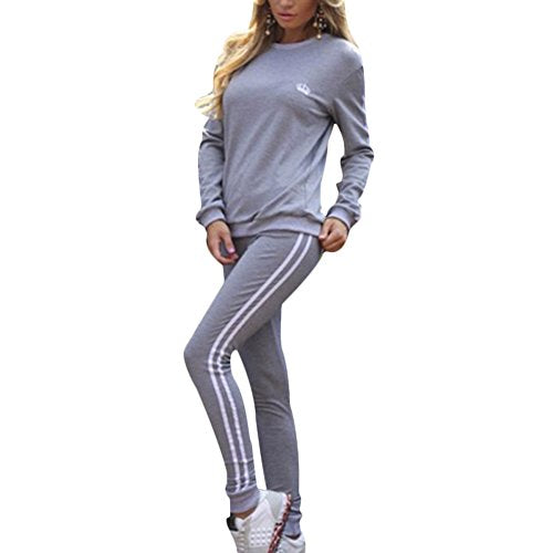 Women Tracksuit Set Long Sleeve Stripe Sweatshirt Hoodies+Pants Sports Suits 2PCS Full Tracksuit 3 Colours (Tag M(UK 8-10), Gray)