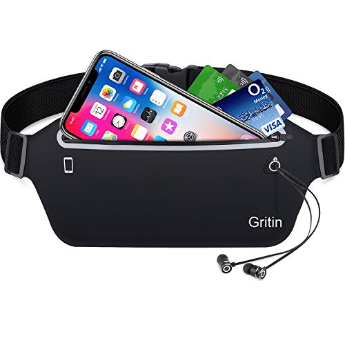 Gritin Running Belt, Waist Pack Fitness Belt With Headphone Hole - Soft Sweat-proof Fabric and Adjustable Elastic Strap for Waist Curve,Running and Other Outdoors