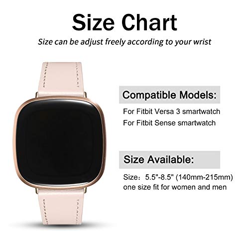 CeMiKa Compatible with Fitbit Versa 3 Strap Leather, Genuine Leather Straps Replacement Bands Compatible with Fitbit Versa 3 / Fitbit Sense, Women Men, Pink Sand