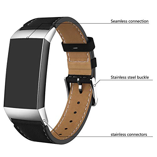Adepoy Compatible for Fitbit Charge 3/Charge 4 Strap Leather,Classic Genuine Leather Adjustable Replacement Sport Fitness Wristband for Men Women (black)