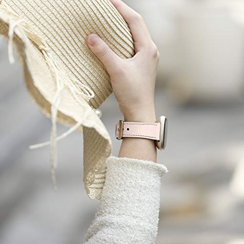 CeMiKa Compatible with Fitbit Versa 3 Strap Leather, Genuine Leather Straps Replacement Bands Compatible with Fitbit Versa 3 / Fitbit Sense, Women Men, Pink Sand