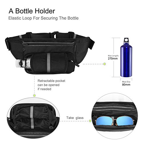 MYCARBON Running Belt with Water Bottle Holder Waterproof Bum Bag Cycling Waist Bag Jogging Belt Dog Walking Bag for Travel Holidays Camping Climbing Hiking Outdoor (Black)