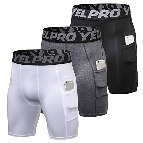 Lixada Men's 3 Pack Performance Compression Shorts Active Workout Underwear Base Layer Tights Short Leggings (Black&Grey&White(With Pockets), L)