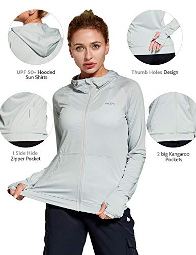FitsT4 Women's Long Sleeve Running Jacket Sports Shirts hooded Yoga Fitness Top UPF 50+ Sun Protection Full Zip UP Pullover,grey,XXL