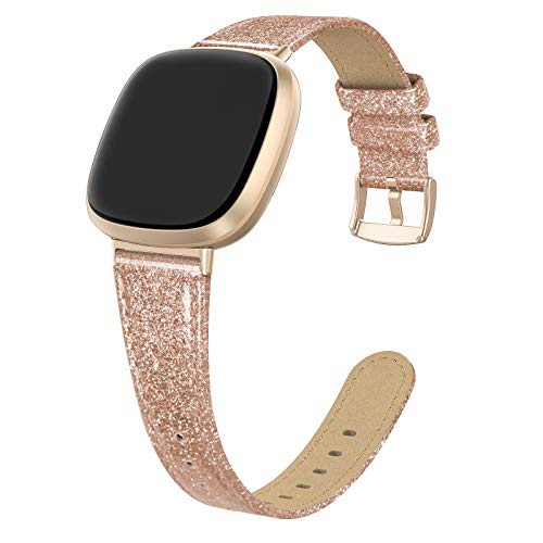 EDIMENS Leather Straps Compatible for Fitbit Versa 3 / Fitbit Sense Strap for Women Men, Genuine Leather Strap Compatible with Fitbit Versa 3 / Sense Replacement Wrist Bands, Glitter Rose Gold