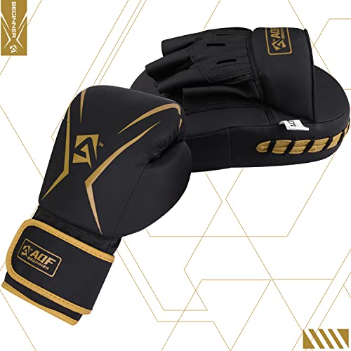 AQF Boxing Gloves and Pads - Adults & Kids Boxing Set for Kickboxing & MMA Muay Thai Punching Glove with Curved Boxing Pads for Martial Arts Training (Gold, 6oz)