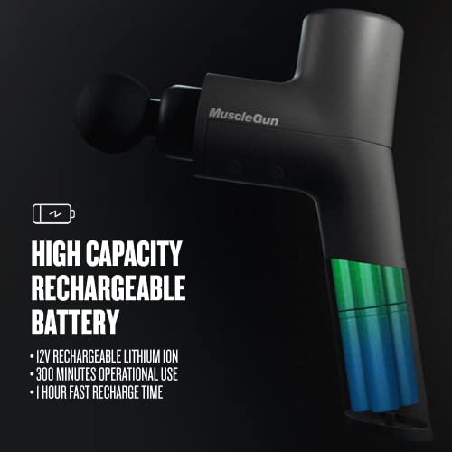 MuscleGun Carbon Muscle Massage Gun Deep Tissue Massager. Pro Grade MuscleGun Carbon Percussion Massager with 4 Massage Heads, 300 Minute Battery, Variable Speed Control, Travel Case, Rechargeable.