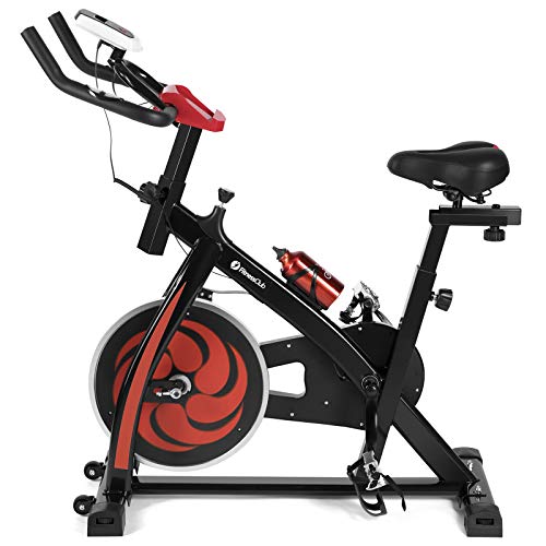Fitnessclub Indoor Exercise Bike Cardio Workout W/Belt Driven Flywheel Cycling Adjustable Handlebars Seat Resistance Digital Monitor Heart Rate Sensors W/Phone Holder Bottle Red