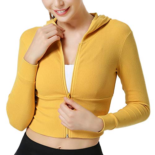 FEOYA Women's Sport Jacket Slim Fit Sportswear Long Sleeve Seamless Top Full Zip Running Fitness Workout Activewear Yellow - Size XL