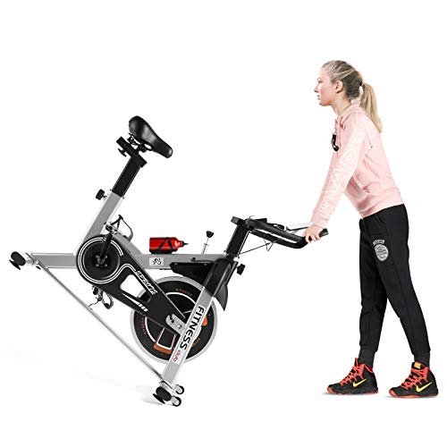 Indoor Exercise Bike Cardio Workout W/Belt Driven Flywheel Cycling Adjustable Handlebars Seat Resistance Digital Monitor Heart Rate Sensors W/Phone Holder Bottle Silver