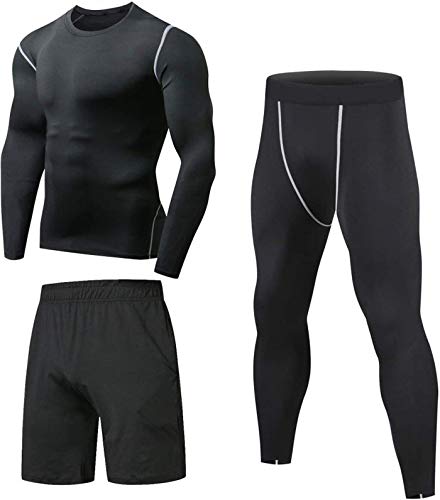 Niksa 3 Pack Gym Clothes for Men,Running Clothes Sports Wear Set,Base Layers Tops+Zip Pocket Draw String Loose Fitting Shorts+Compression Leggings for Workout (M)