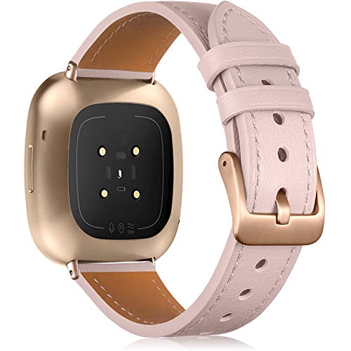 CeMiKa Compatible with Fitbit Versa 3 Strap Leather, Genuine Leather Straps Replacement Bands Compatible with Fitbit Versa 3 / Fitbit Sense, Women Men, Pink Sand
