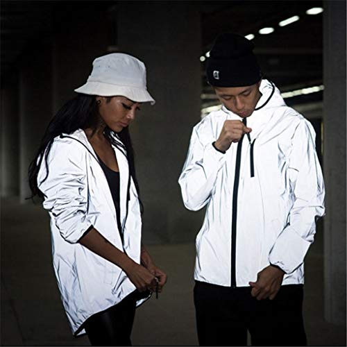 LUCKME Men Women Reflective Jacket Hooded Reflective Coat Windproof Fashion Outdoor Windbreaker Running Cycling Sweatshirt with Pocket Gray